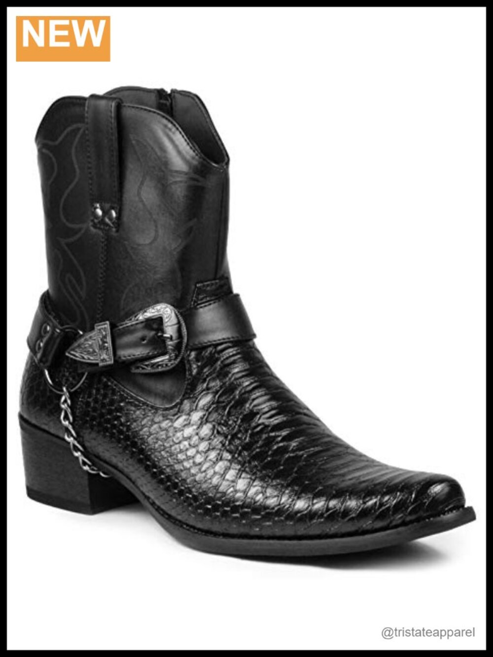 Metrocharm Faux Crocodile Western Cowboy Boots Chain Detail Mid-Calf